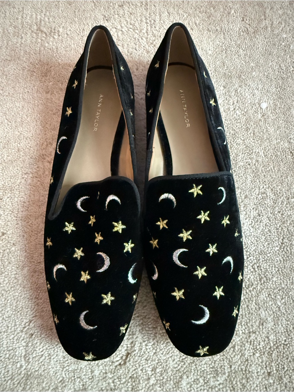 Ann Taylor Black Velvet Embroidered Moon & Star Loafers